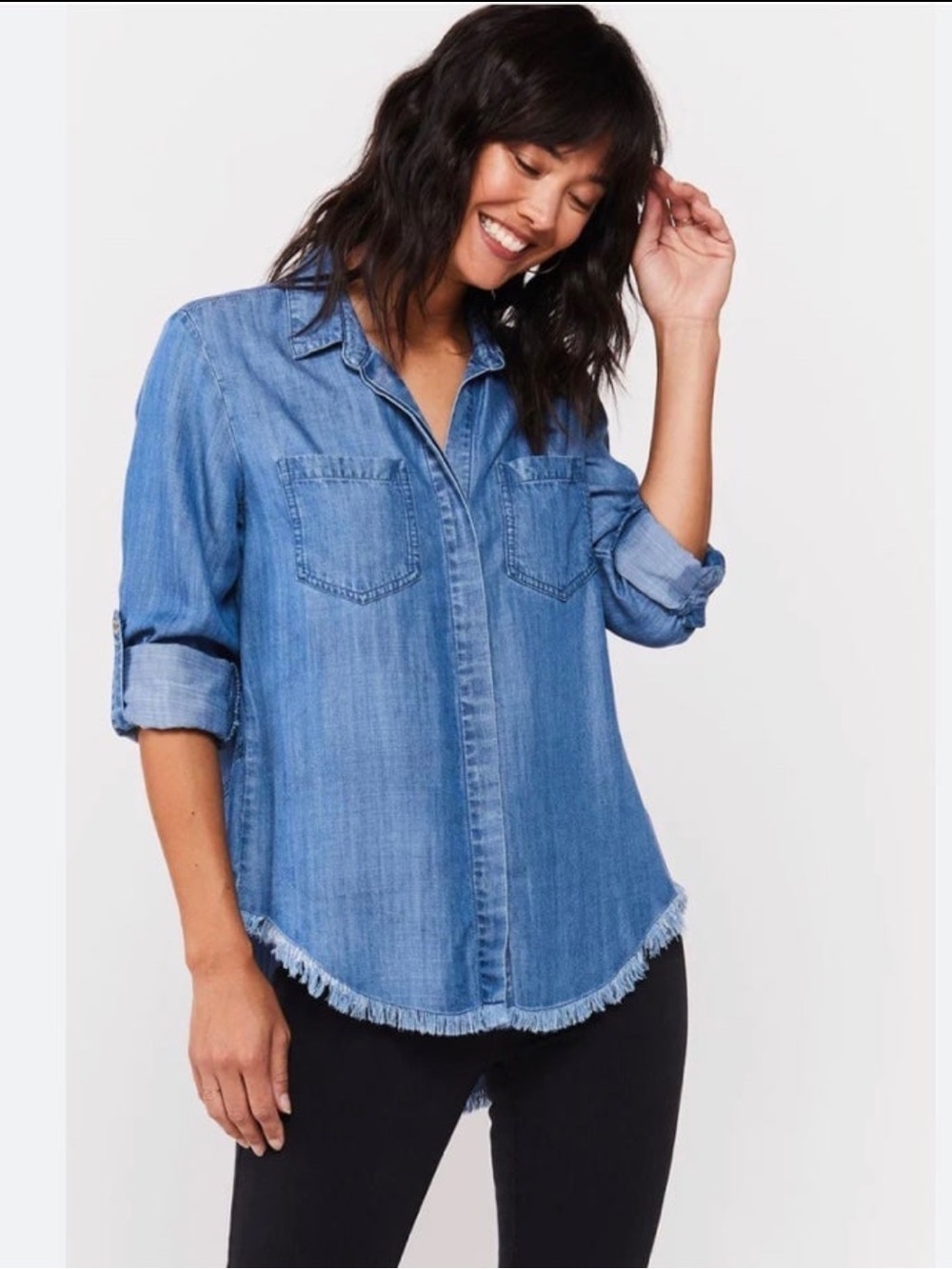 Anthro Cloth & Stone Lyocell Fray Hem Button Front Top in Blue Sz S LIKE NEW